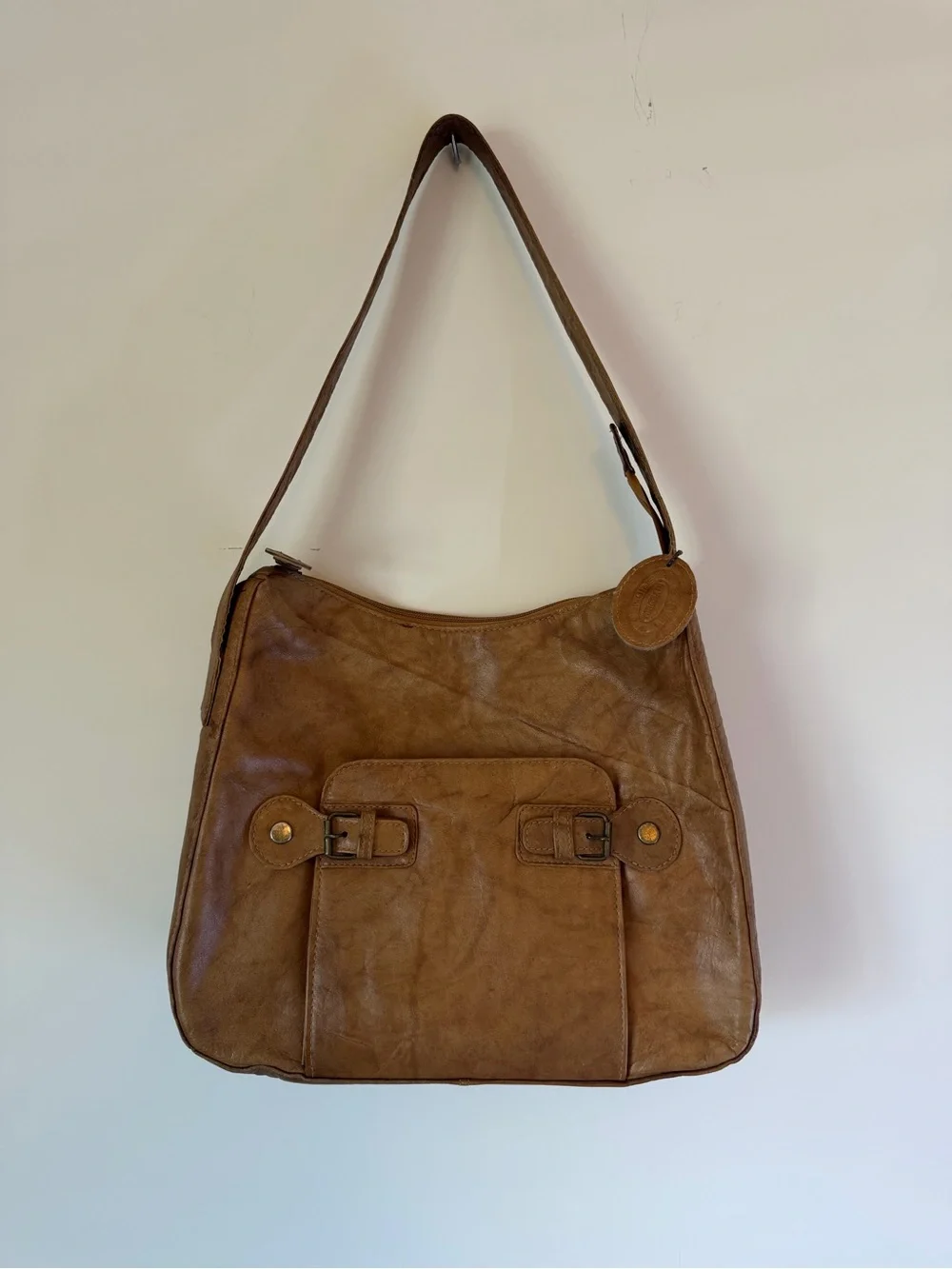Soft Tan Leather Hobo Shoulder Bag with Front Pocket